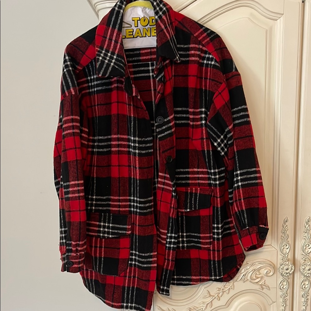 Red and Black Utility Jacket with Tartan Pattern